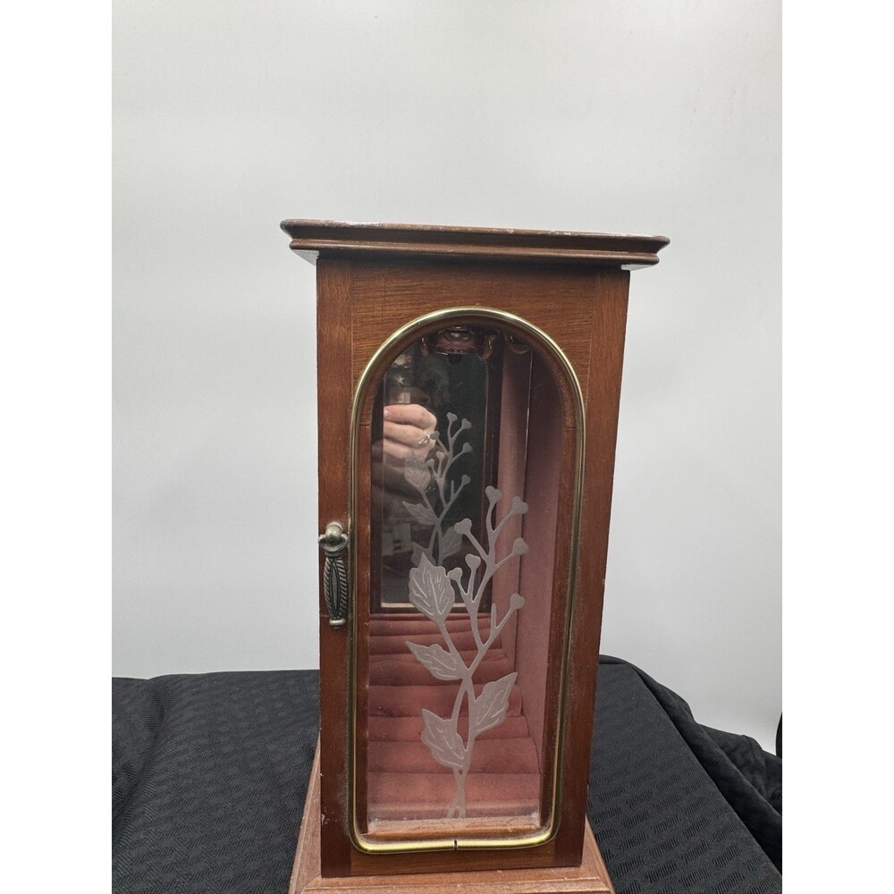 Vintage  Wood Standing Jewelry Box Glass Painted Floral Door, 11”